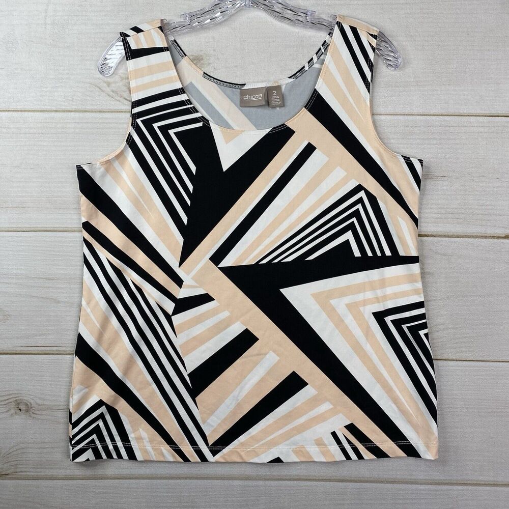 Chico's Tank Top Sz 2 Womens L Peach Black White Nylon Scoop Neck Stretch